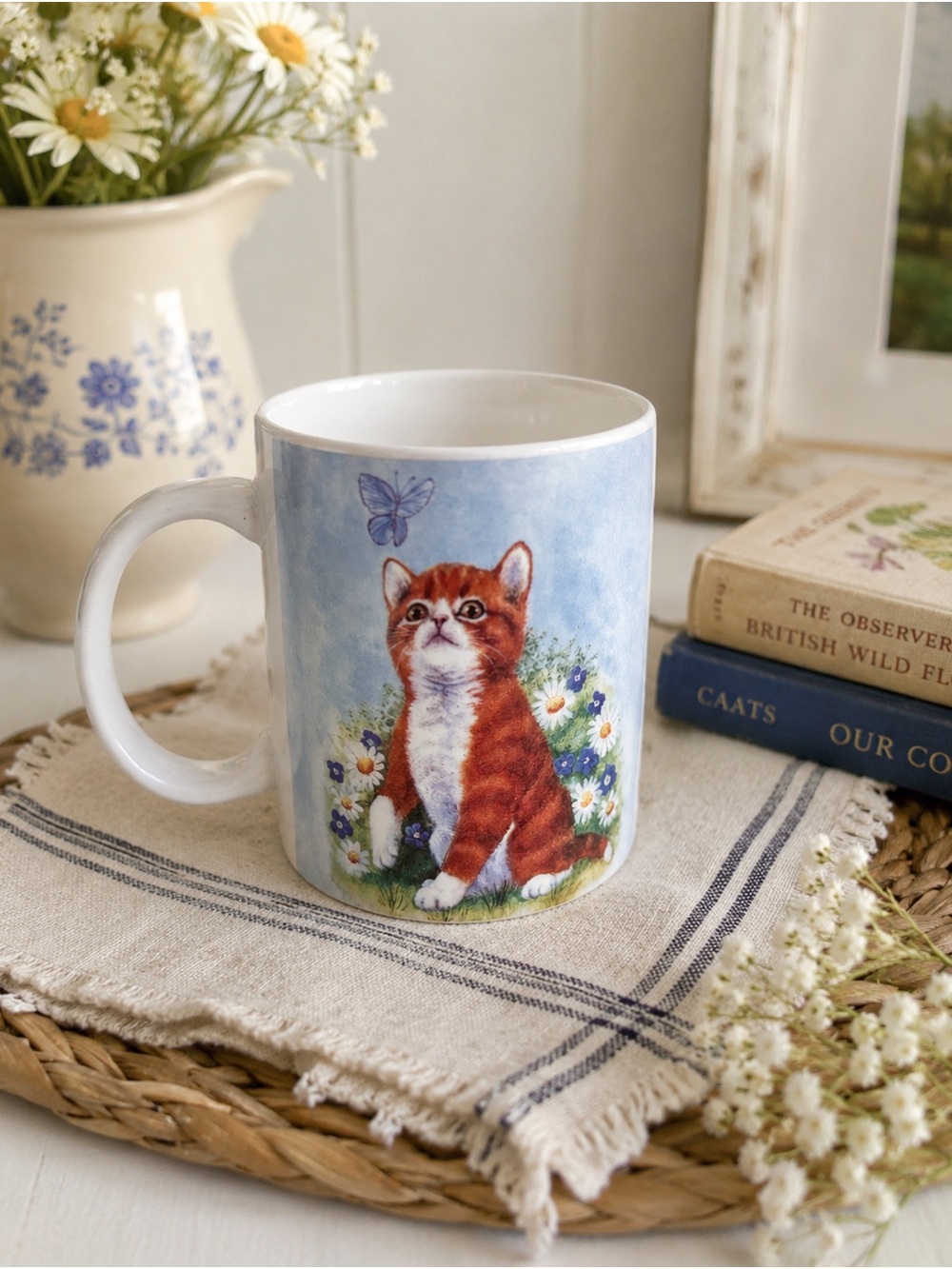 Cat Illustration Ceramic Mug in Blue with Ginger Kitten